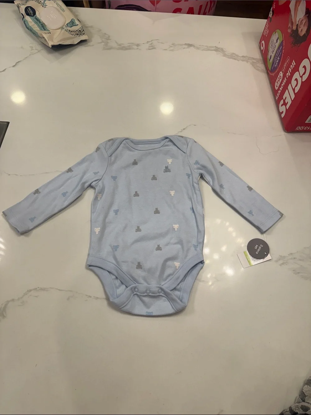 GAP Long-Sleeve Baby Bodysuit Set and grey pants - White & Light Blue